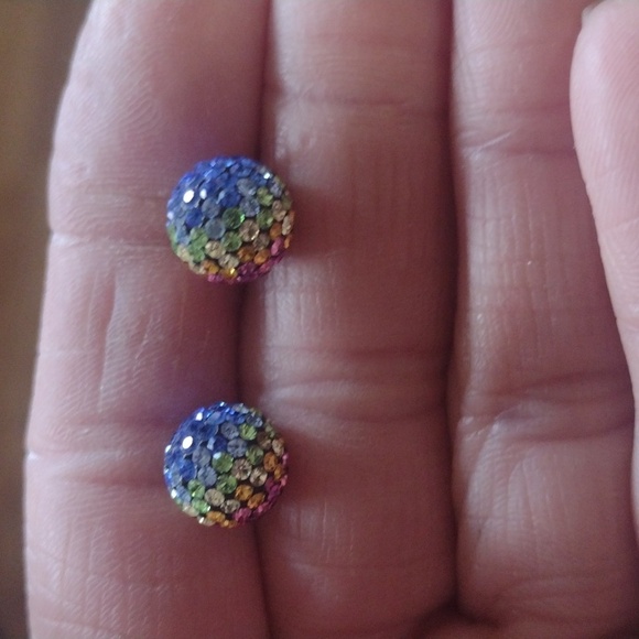 VINTAGE STERLING SILVER .925 MULTICOLOR PAVE CRYSTAL 8MM BALL STUD EARRINGS - Picture 5 of 9